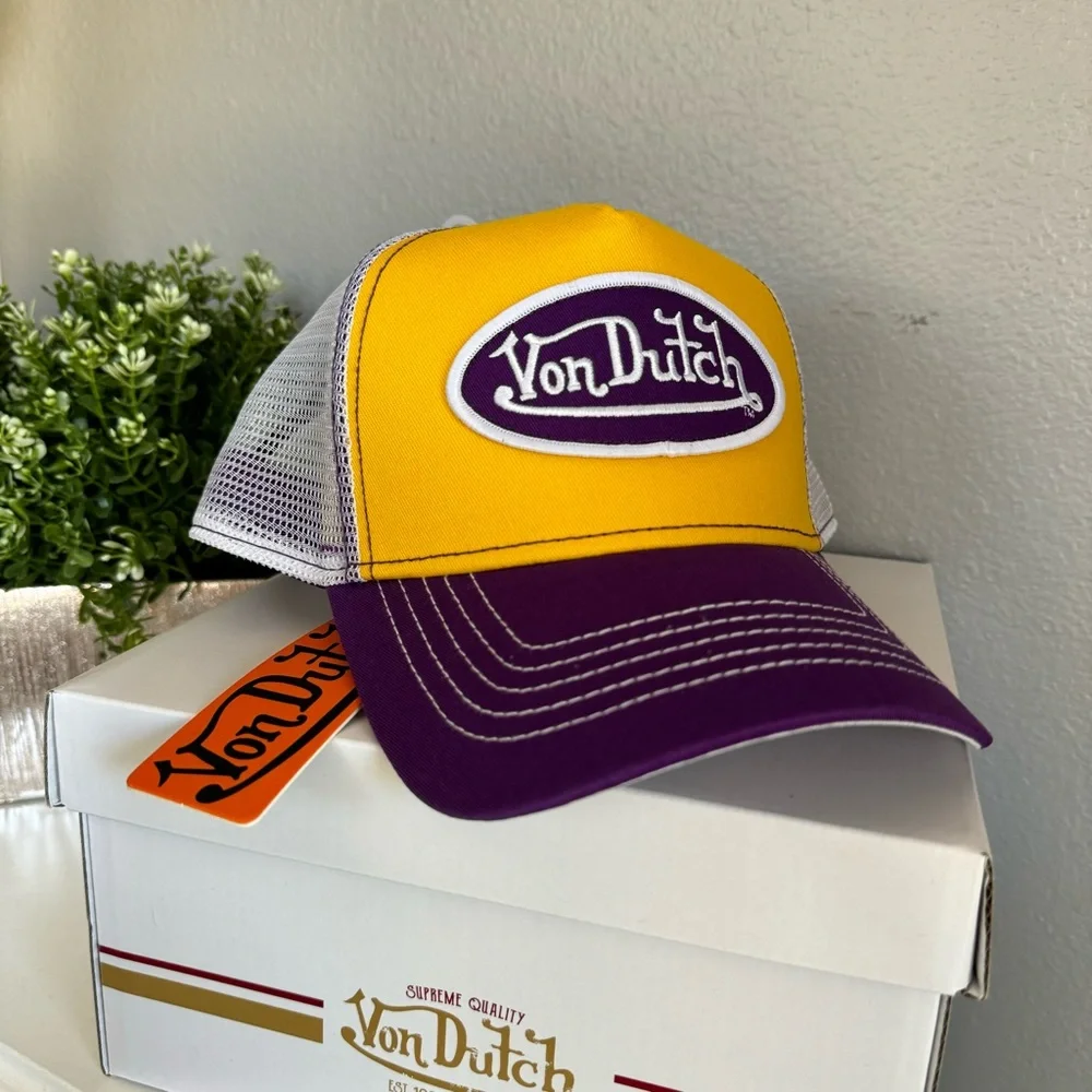 NWT VON DUTCH TWO TONE TRUCKER HAT UNISEX GOLD YELLOW/PURPLE SNAPBACK Y2K‎